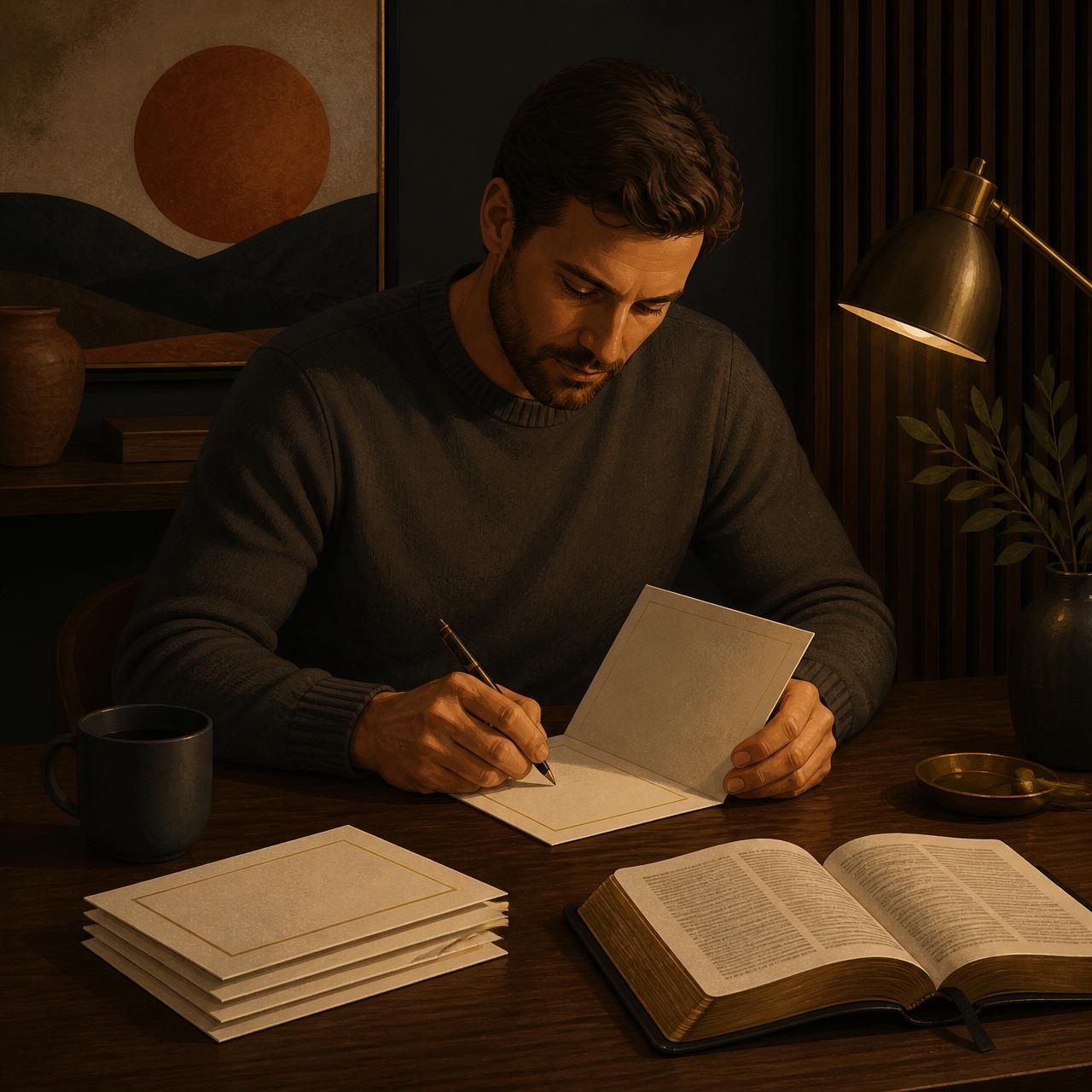 A father writing inside a premium greeting card by lamplight, an open Bible beside him