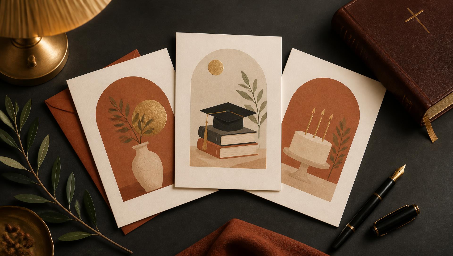 Three premium Likeness cards — anniversary, graduation, and birthday — laid beside a leather Bible, fountain pen, and olive branch
